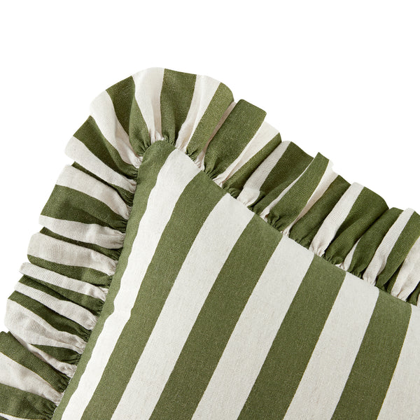 Eliza Olive Green Striped Ruffle Linen Blend Cushion