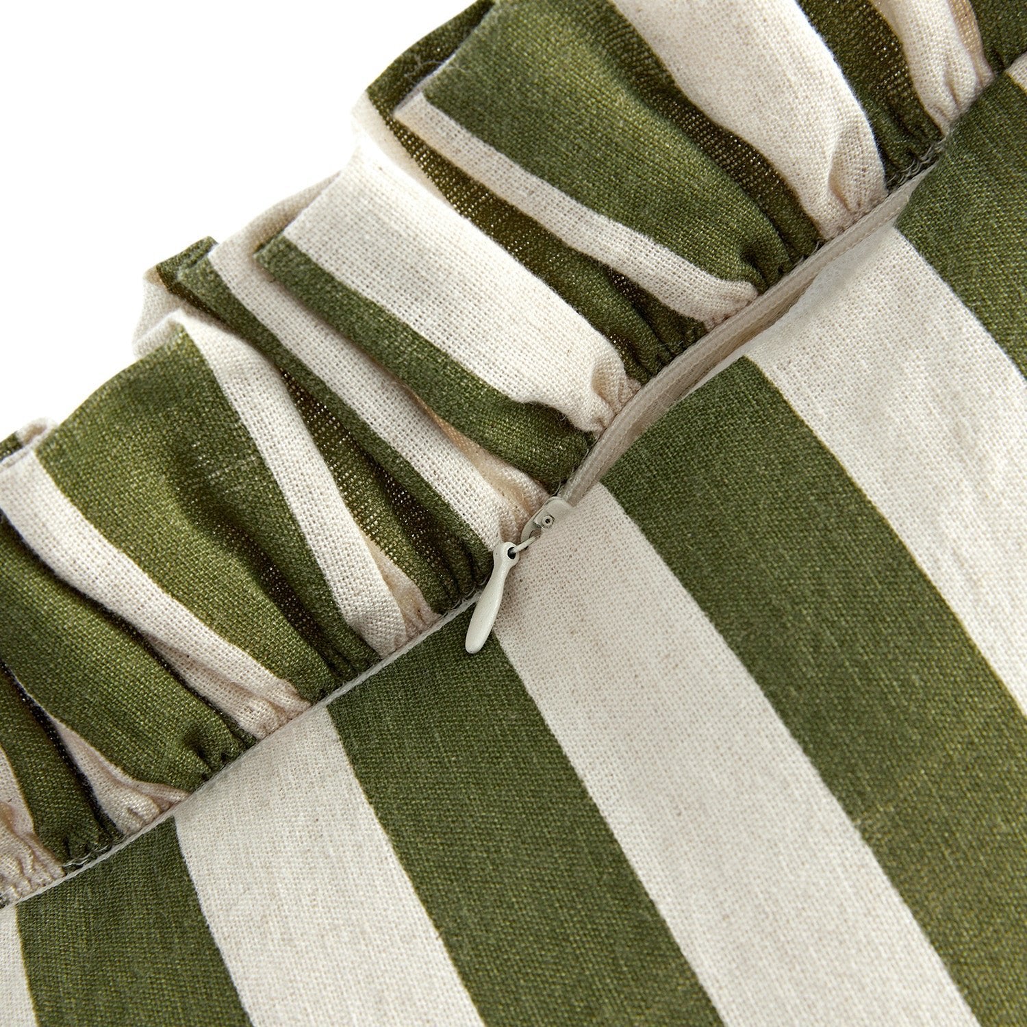 Eliza Olive Green Striped Ruffle Linen Blend Cushion