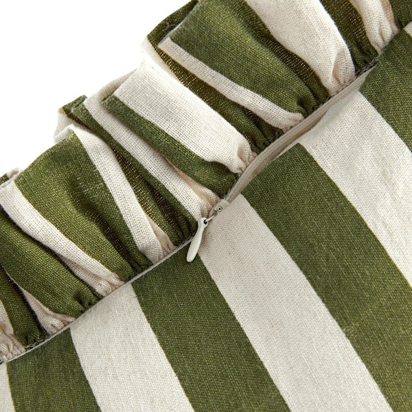 Eliza Olive Green Striped Ruffle Linen Blend Cushion