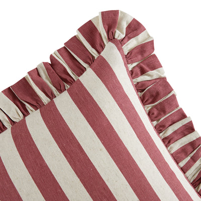 Eliza Scarlet Red Striped Ruffle Linen Blend Rectangular Cushion