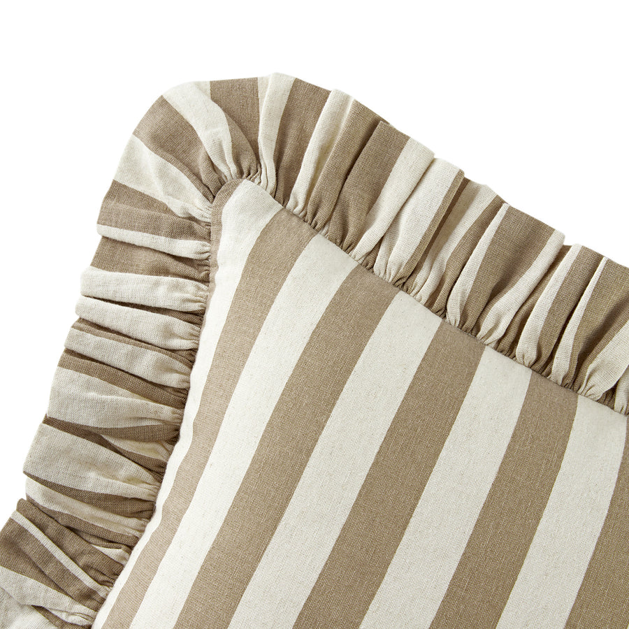 Eliza Taupe Striped Ruffle Linen Blend Cushion