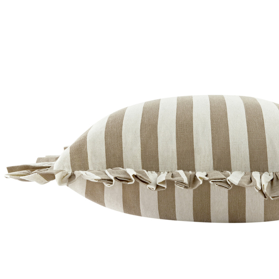 Eliza Taupe Striped Ruffle Linen Blend Cushion