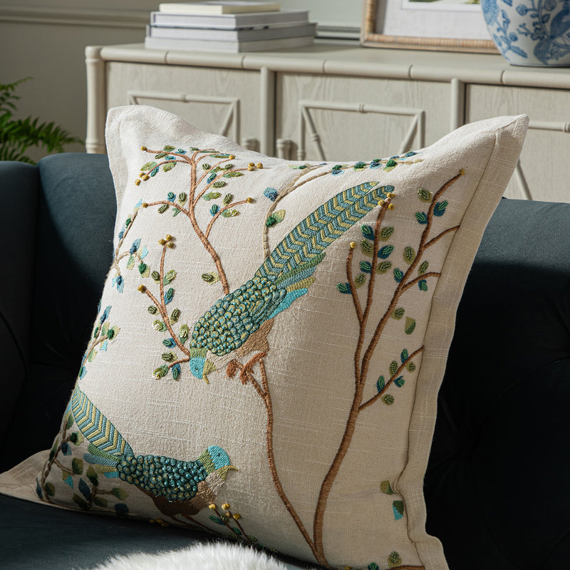 Flora & Fauna Hand Embroidered Songbird Cushion