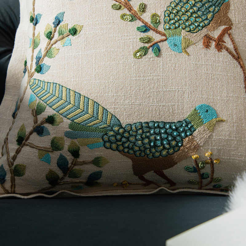 Flora & Fauna Hand Embroidered Songbird Cushion
