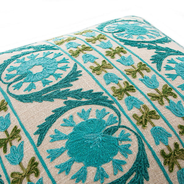 Indra Suzani Cyan Blue Crewelwork Wool Embroidered Cushion - daals