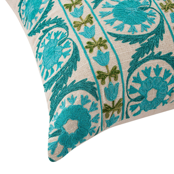 Indra Suzani Cyan Blue Crewelwork Wool Embroidered Cushion - daals