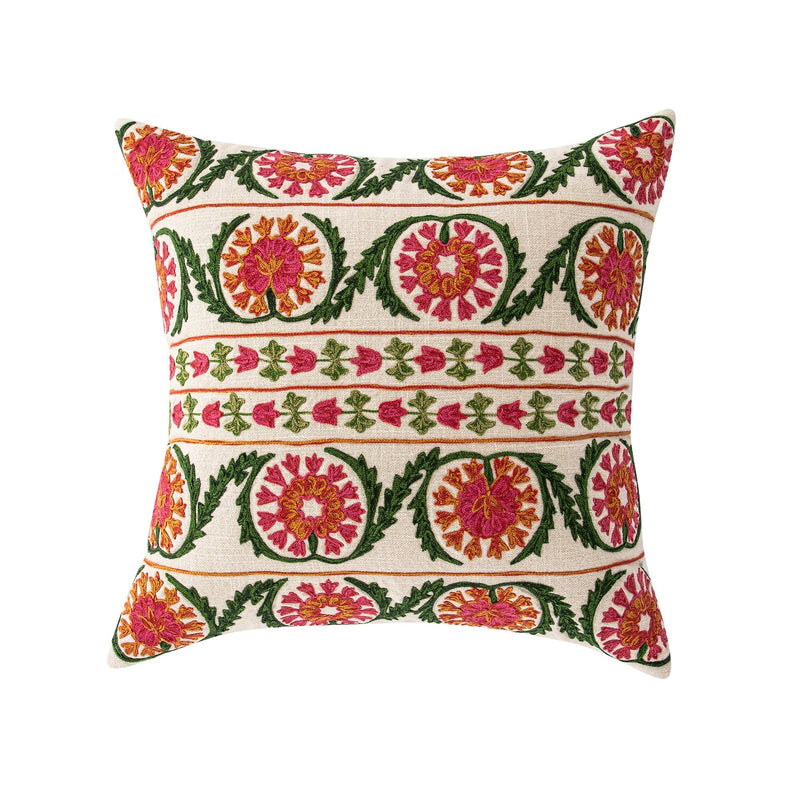 Indra Suzani Pink Crewelwork Wool Embroidered Cushion