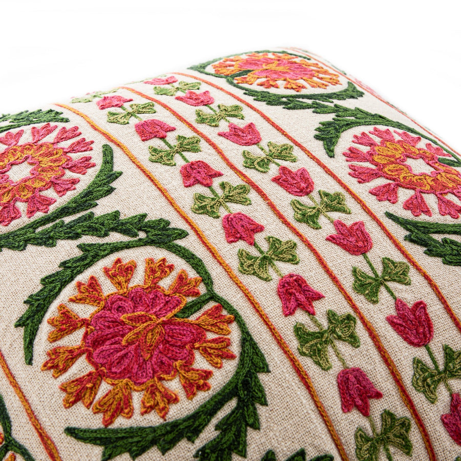 Indra Suzani Pink Crewelwork Wool Embroidered Cushion - daals