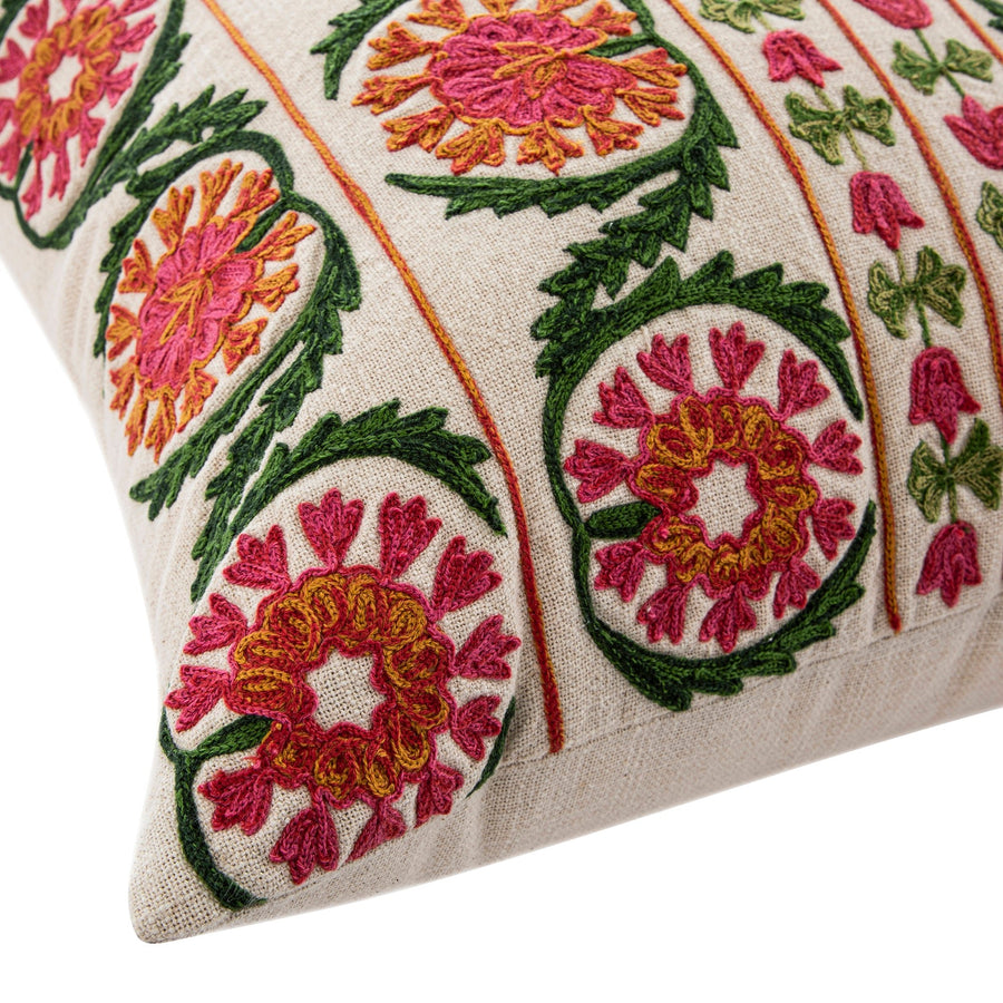 Indra Suzani Pink Crewelwork Wool Embroidered Cushion - daals