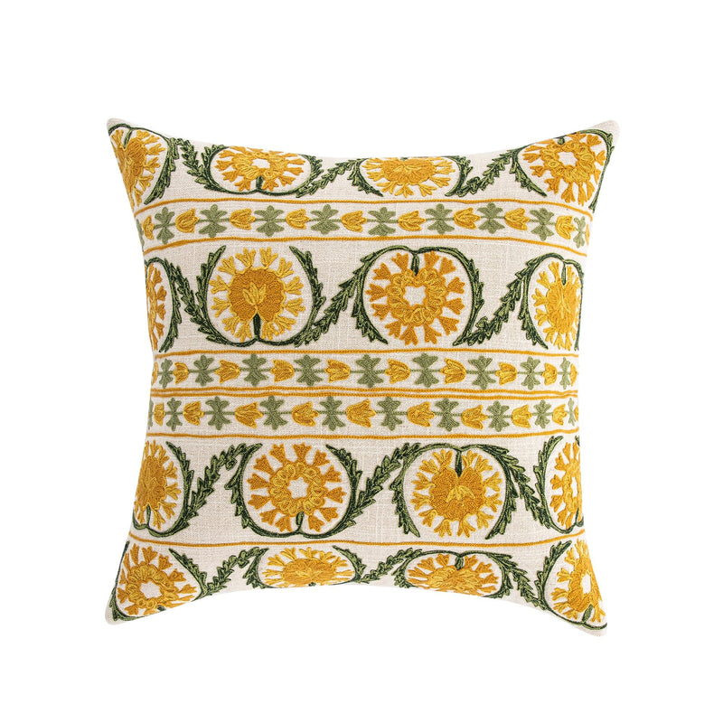 Indra Suzani Sundance Yellow Crewelwork Wool Embroidered Cushion