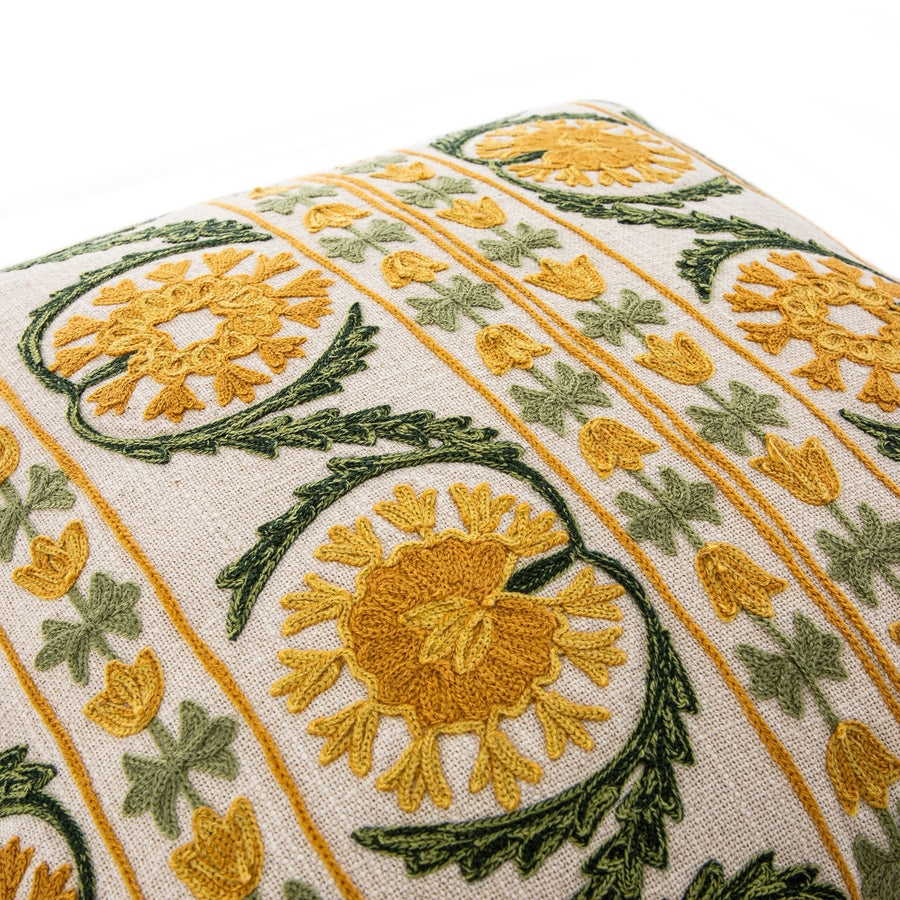 Indra Suzani Sundance Yellow Crewelwork Wool Embroidered Cushion - daals