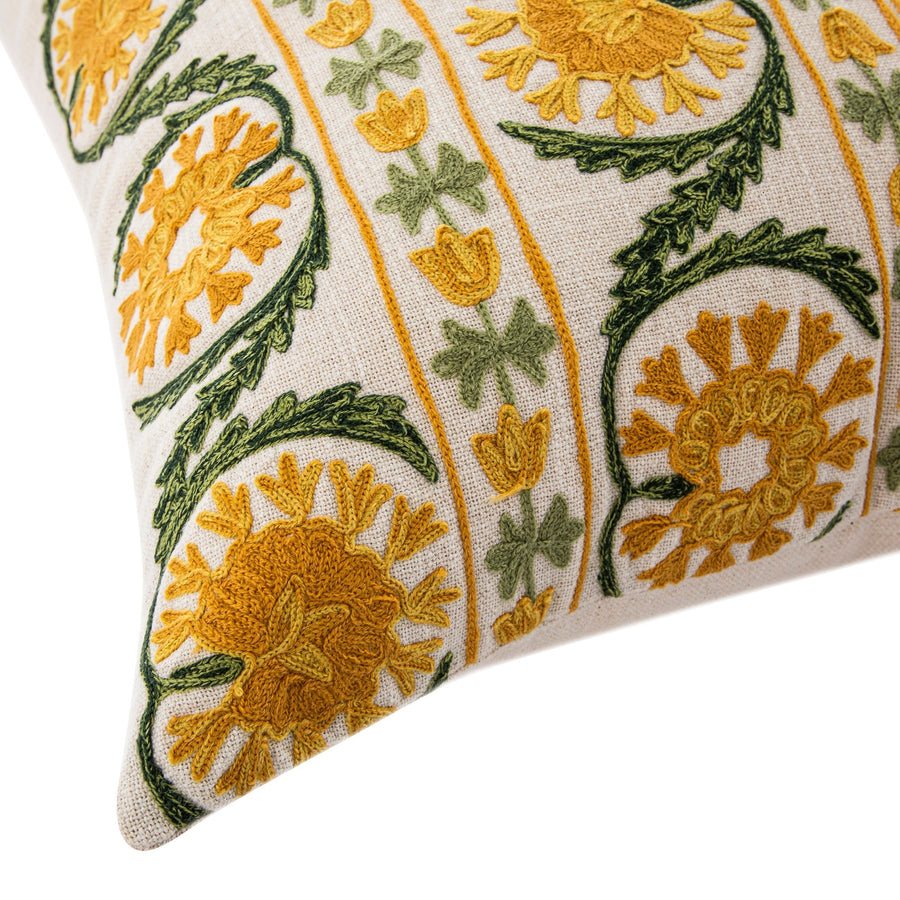 Indra Suzani Sundance Yellow Crewelwork Wool Embroidered Cushion - daals