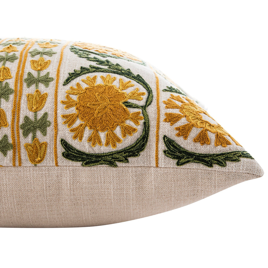 Indra Suzani Sundance Yellow Crewelwork Wool Embroidered Cushion - daals