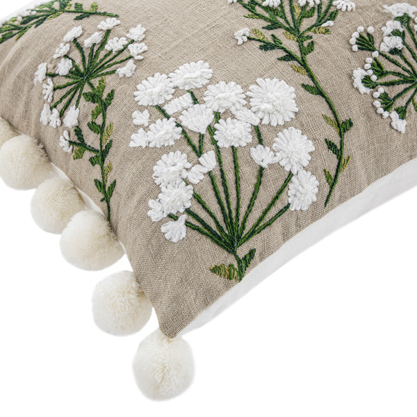 Country Collection Wildflower Rectangular Linen Pom Pom Cushion