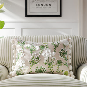 Country Collection Wildflower Rectangular Linen Pom Pom Cushion