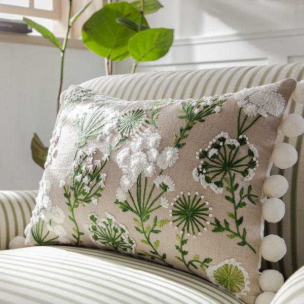 Country Collection Wildflower Rectangular Linen Pom Pom Cushion