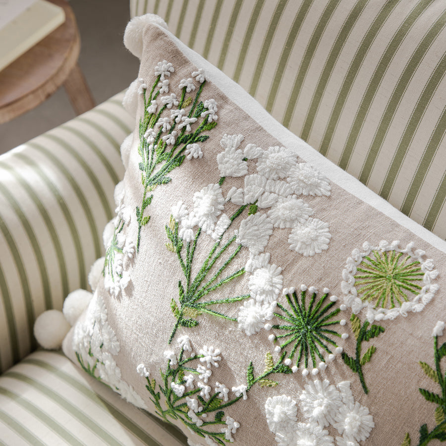 Country Collection Wildflower Rectangular Linen Pom Pom Cushion
