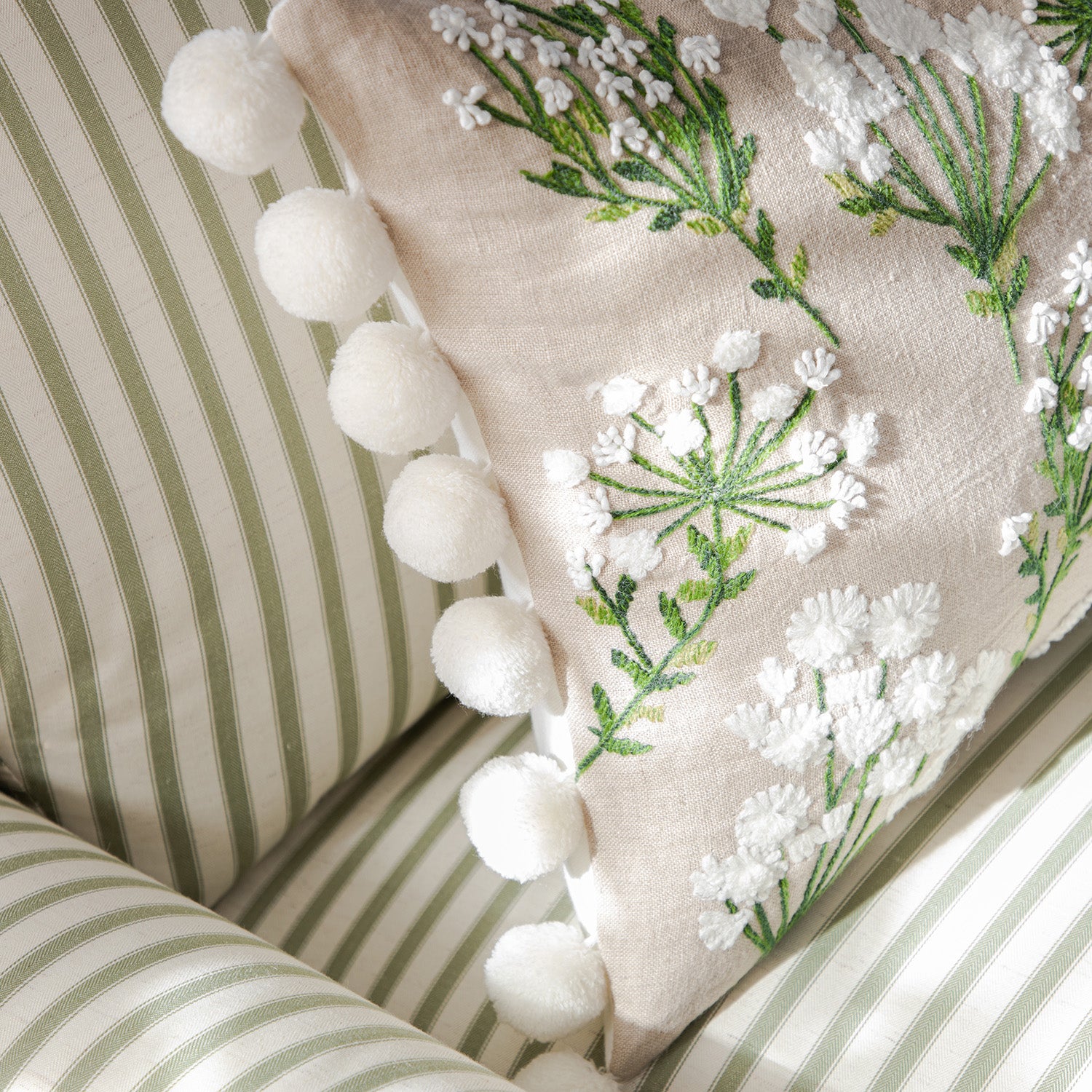 Country Collection Wildflower Rectangular Linen Pom Pom Cushion