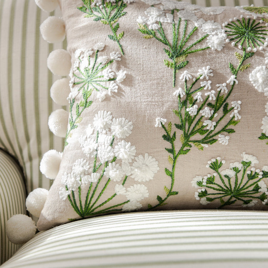 Country Collection Wildflower Rectangular Linen Pom Pom Cushion