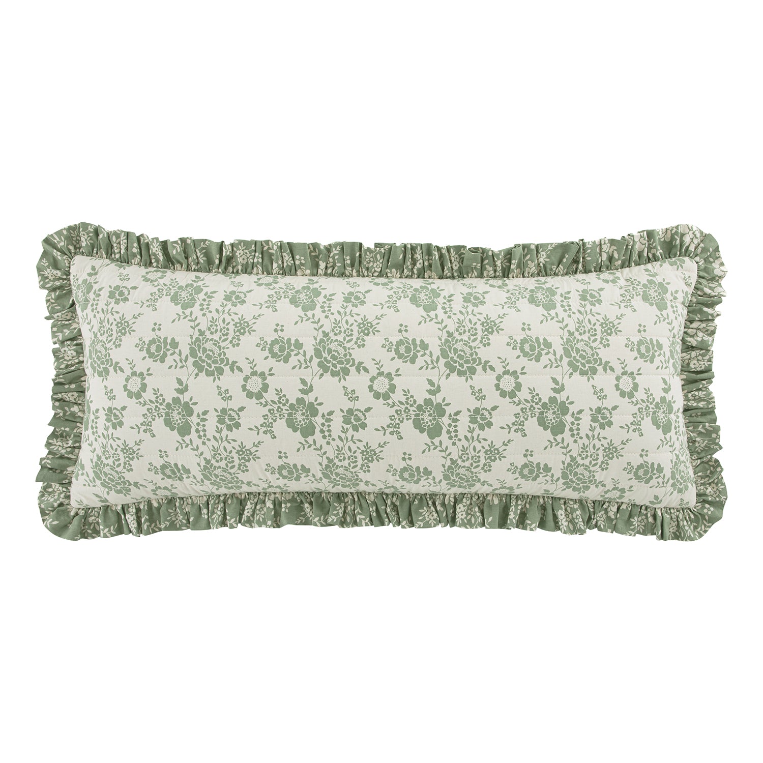 Willow Sage Green & Ivory Floral Ruffle Lumbar Cushion