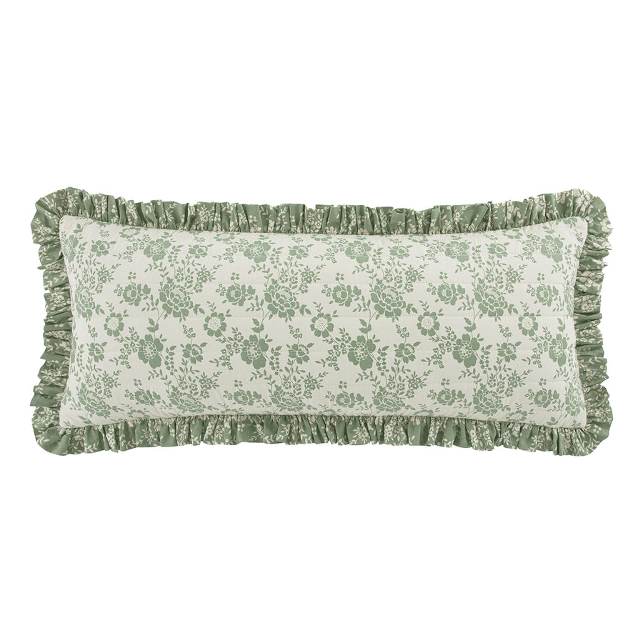 Willow Sage Green & Ivory Floral Ruffle Lumbar Cushion