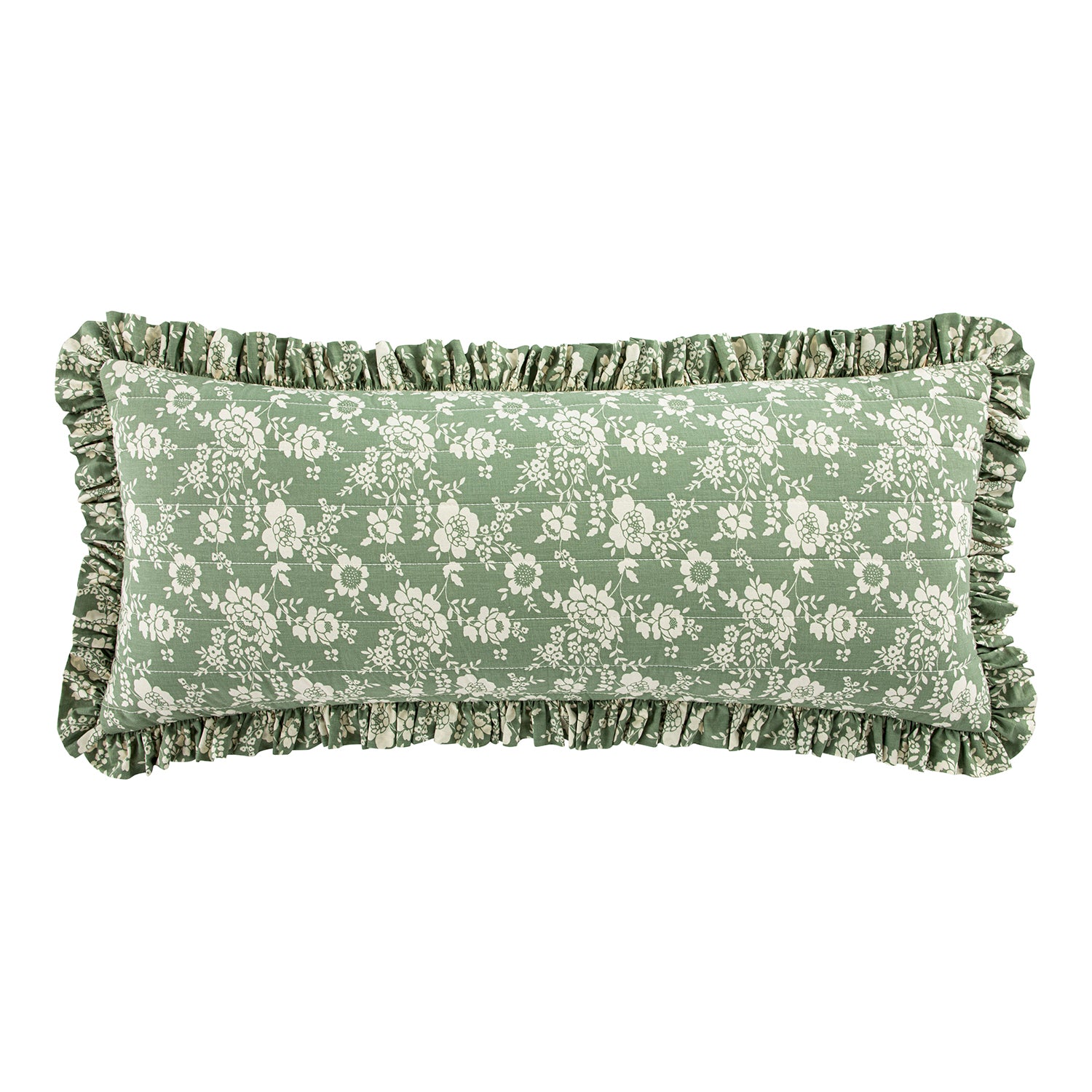 Willow Sage Green & Ivory Floral Ruffle Lumbar Cushion