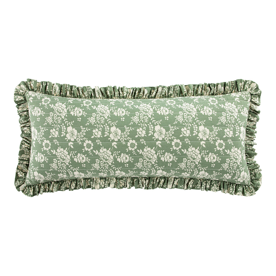 Willow Sage Green & Ivory Floral Ruffle Lumbar Cushion