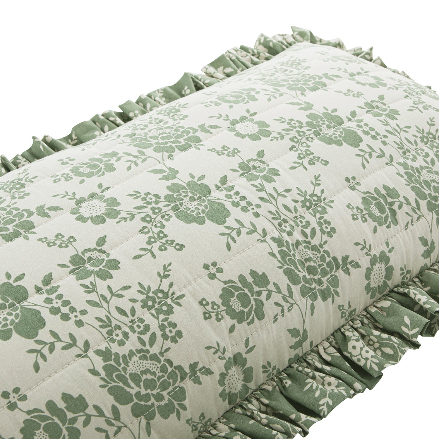 Willow Sage Green & Ivory Floral Ruffle Lumbar Cushion