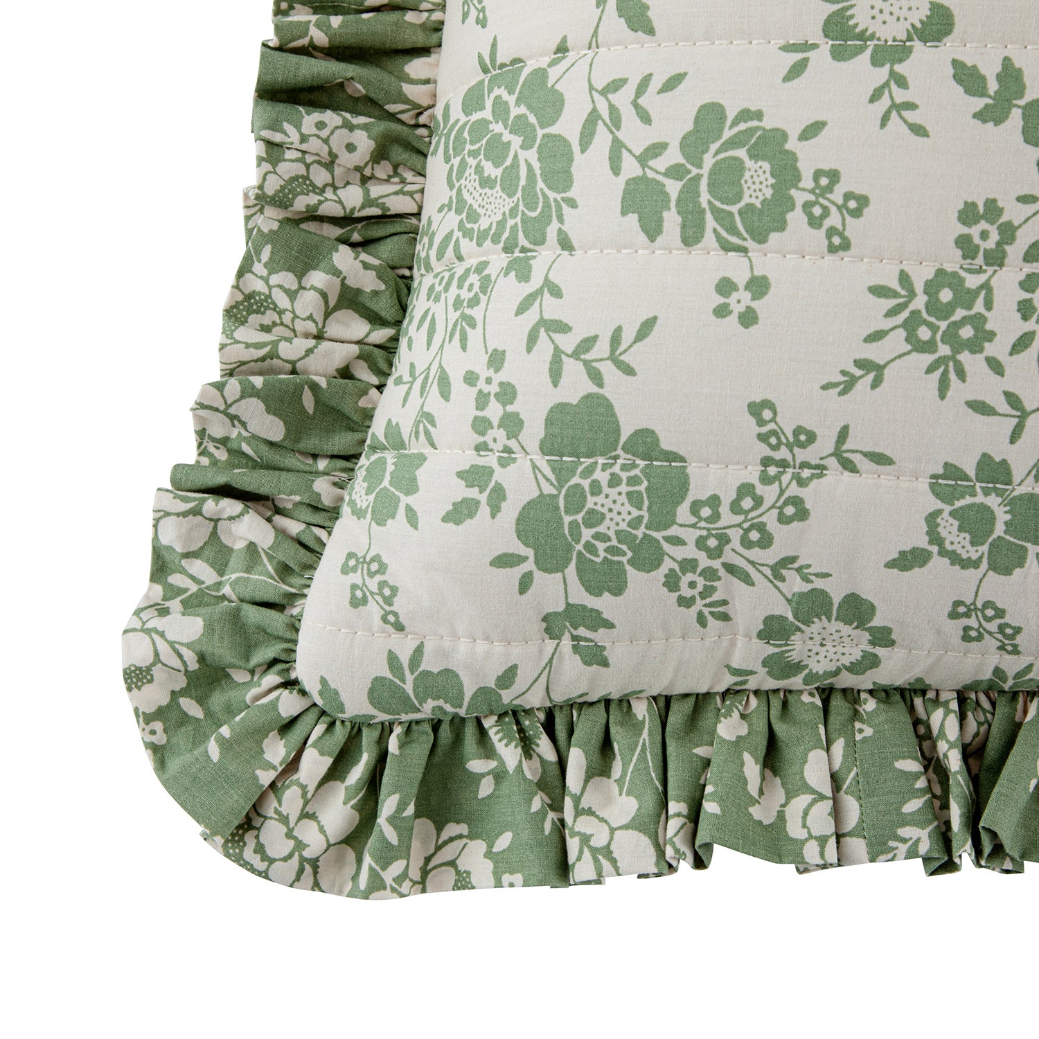 Willow Sage Green & Ivory Floral Ruffle Lumbar Cushion