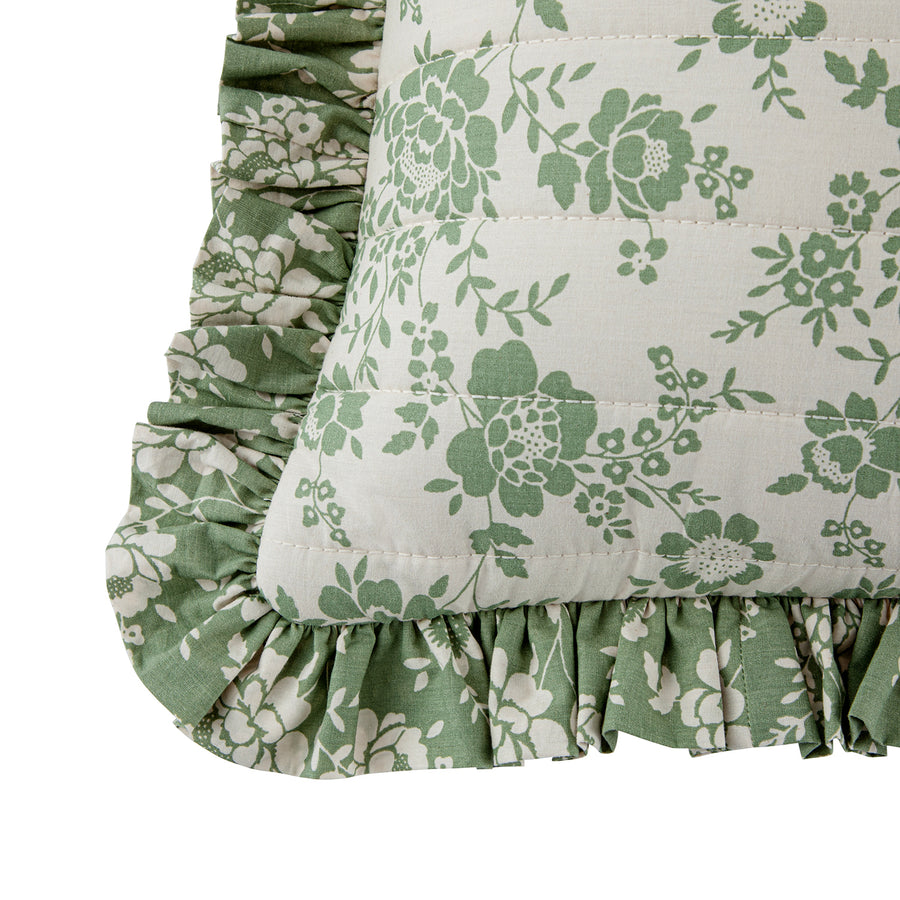 Willow Sage Green & Ivory Floral Ruffle Lumbar Cushion
