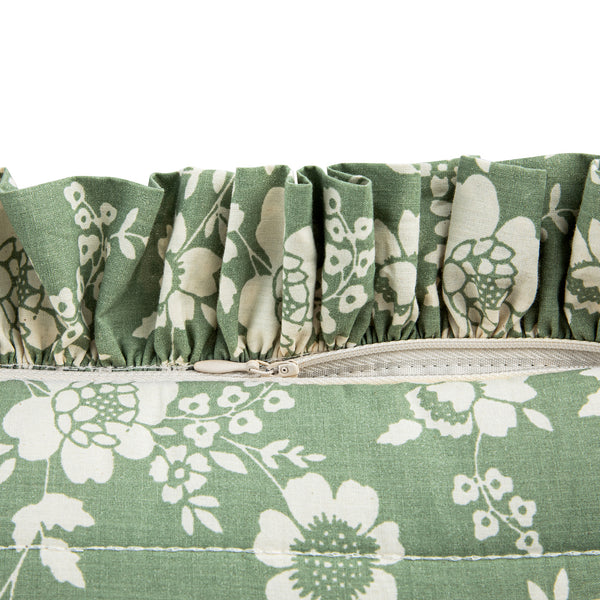 Willow Sage Green & Ivory Floral Ruffle Lumbar Cushion - daals