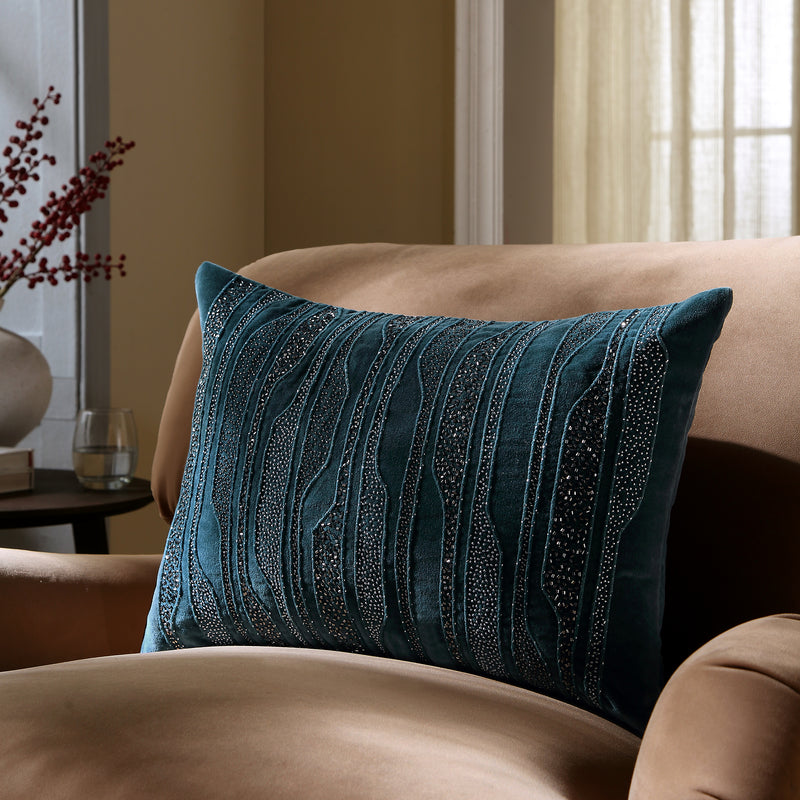 Luxe Collection Zita Beaded Teal Cotton Velvet Cushion - daals