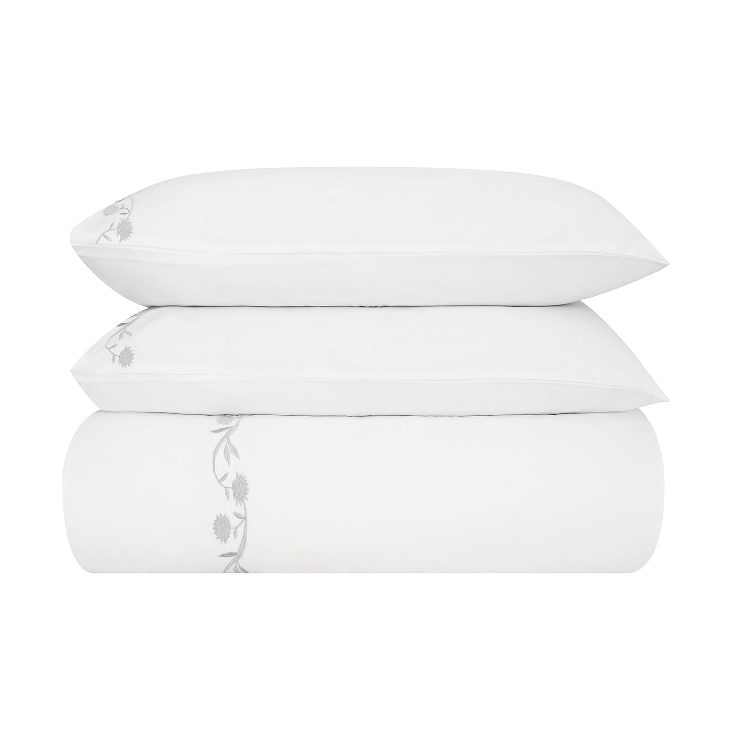 Adeline Moonshine Grey Floral Embroidered 600 Thread Count Cotton Sateen Duvet Set