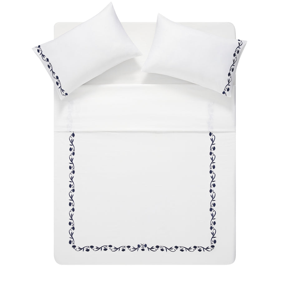 Adeline Midnight Blue Floral Embroidered 600 Thread Count Cotton Sateen Duvet Set