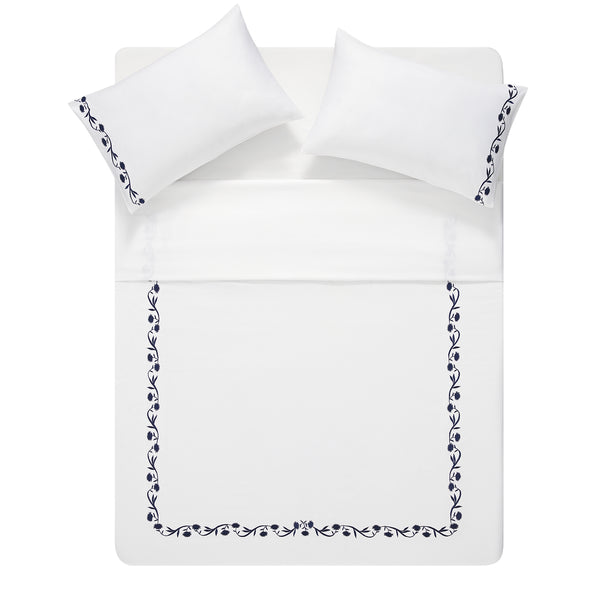 Adeline Midnight Blue Floral Embroidered 600 Thread Count Cotton Sateen Duvet Set