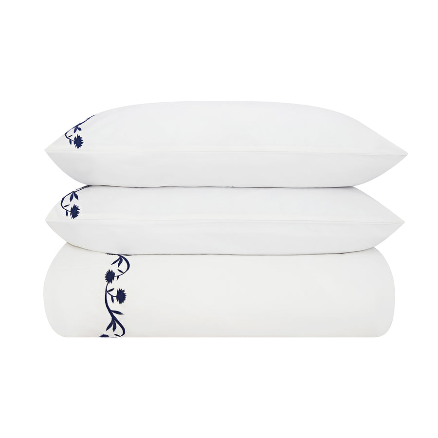 Adeline Midnight Blue Floral Embroidered 600 Thread Count Cotton Sateen Duvet Set