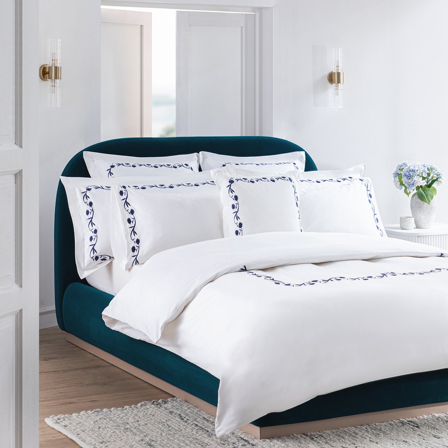 Adeline Midnight Blue Floral Embroidered 600 Thread Count Cotton Sateen Duvet Set