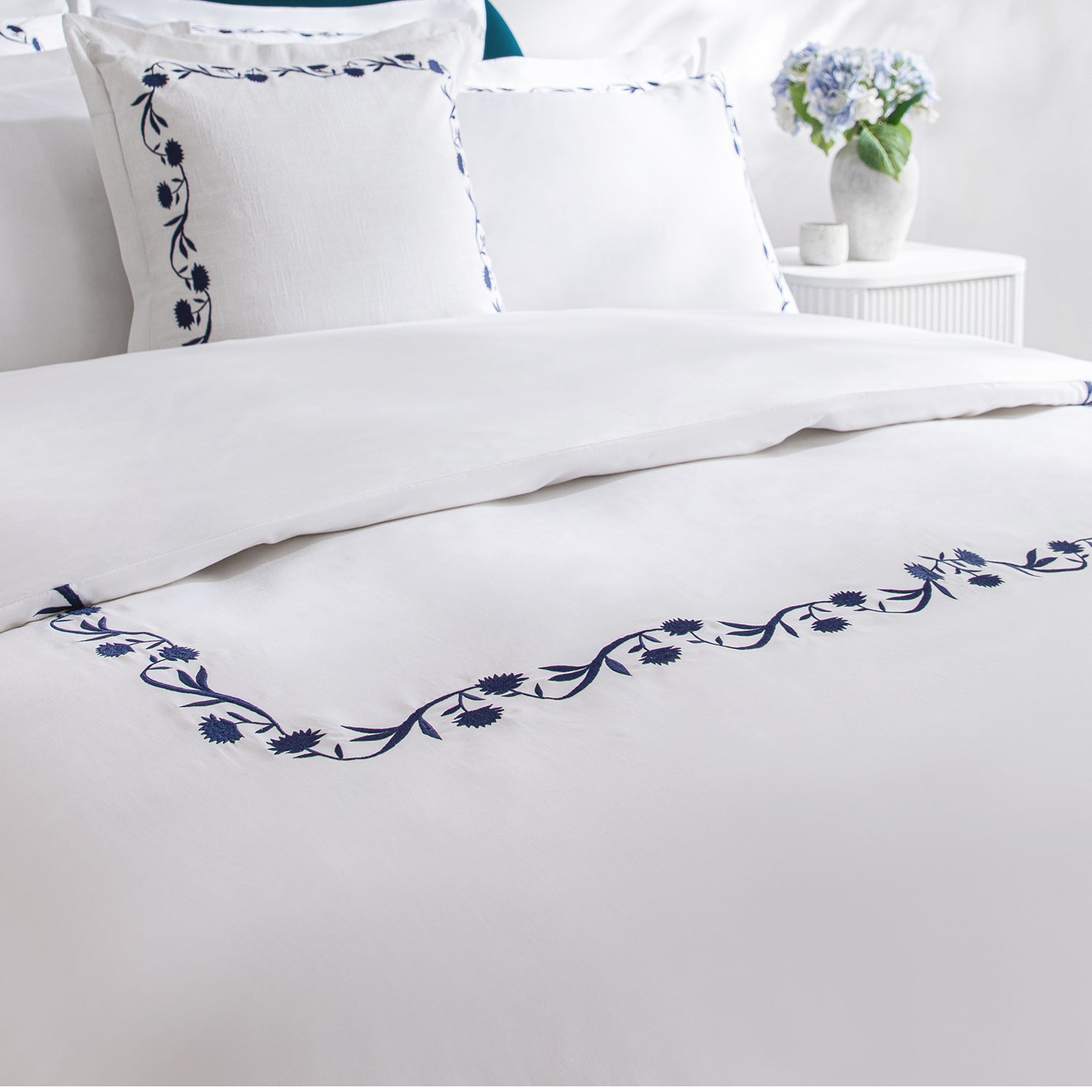 Adeline Midnight Blue Floral Embroidered 600 Thread Count Cotton Sateen Duvet Set