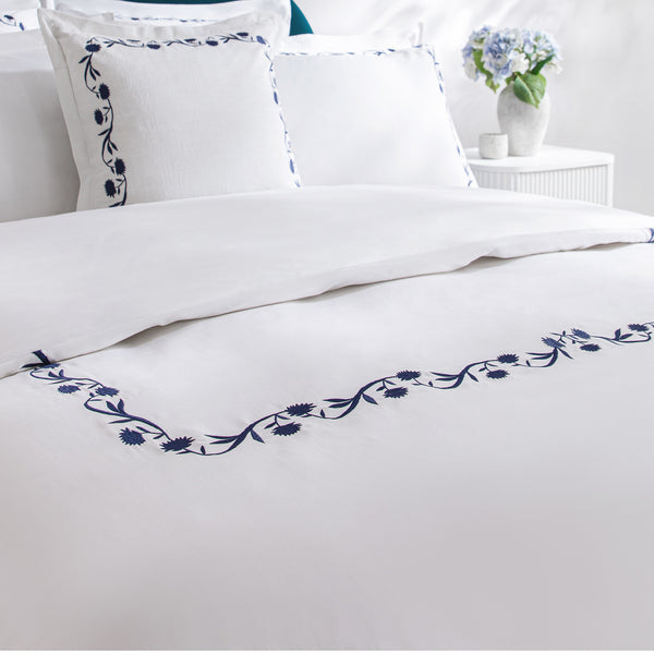 Adeline Midnight Blue Floral Embroidered 600 Thread Count Cotton Sateen Duvet Set