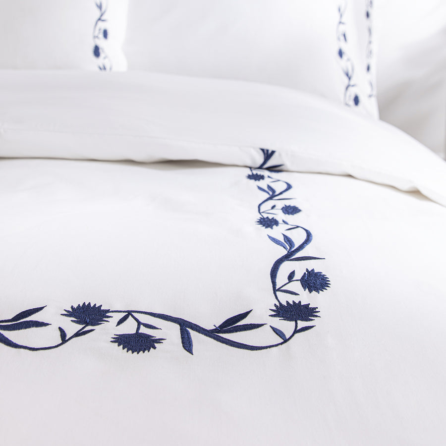 Adeline Midnight Blue Floral Embroidered 600 Thread Count Cotton Sateen Duvet Set