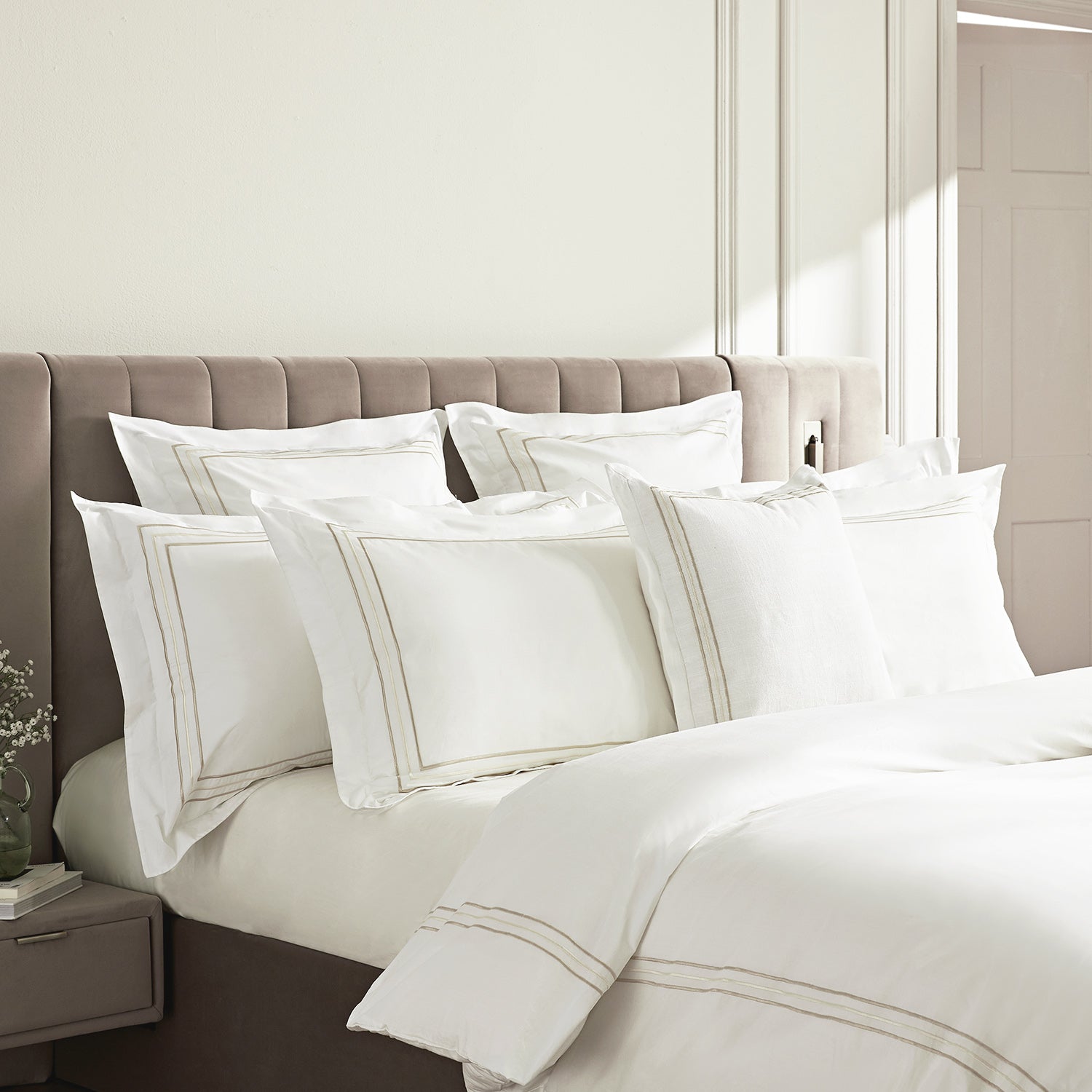 Belvedere Champagne Gold Cord Embroidered 300 Thread Count Cotton Percale Duvet Set