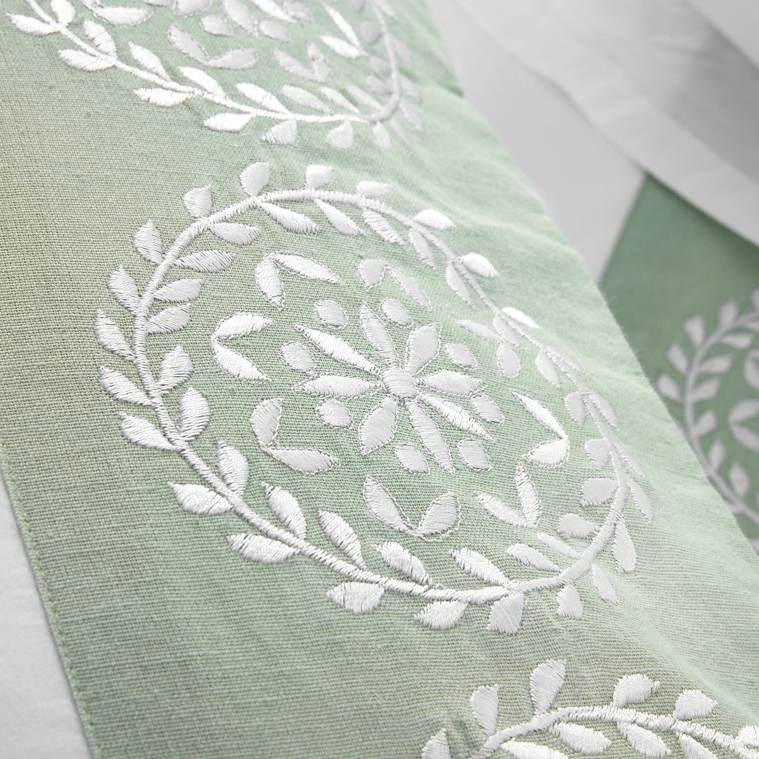 Elodie White & Seafoam Green Floral Embroidered 300 Thread Count Cotton Percale Duvet Set