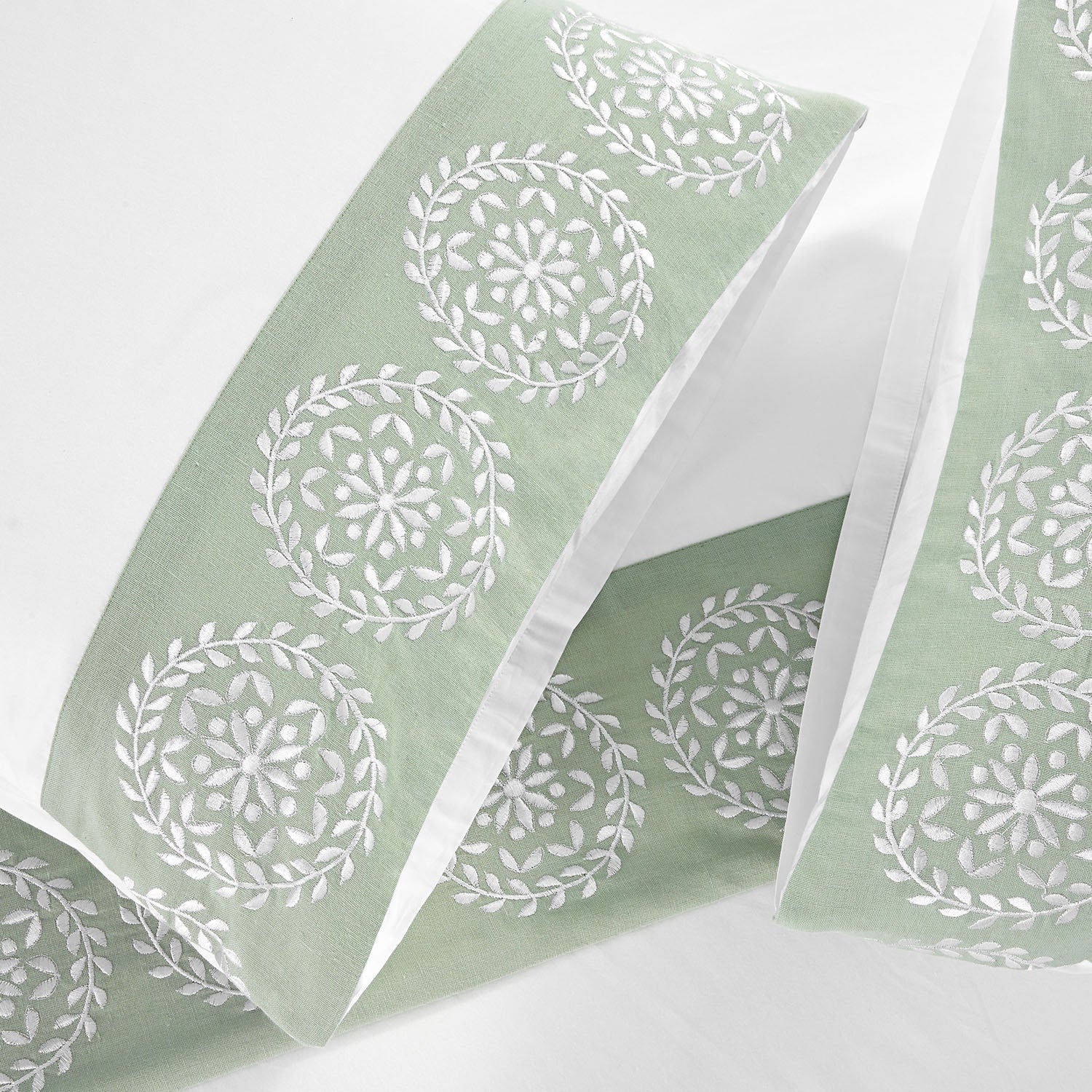 Elodie White & Seafoam Green Floral Embroidered 300 Thread Count Cotton Percale Duvet Set