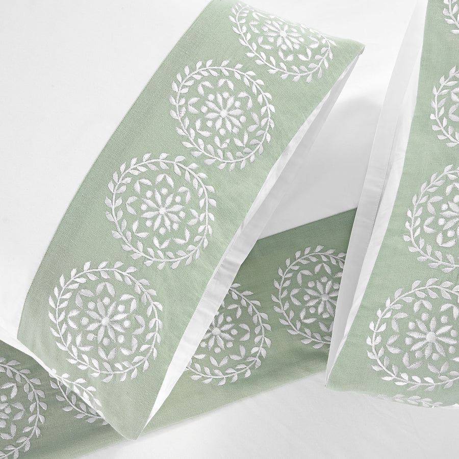 Elodie White & Seafoam Green Floral Embroidered 300 Thread Count Cotton Percale Duvet Set