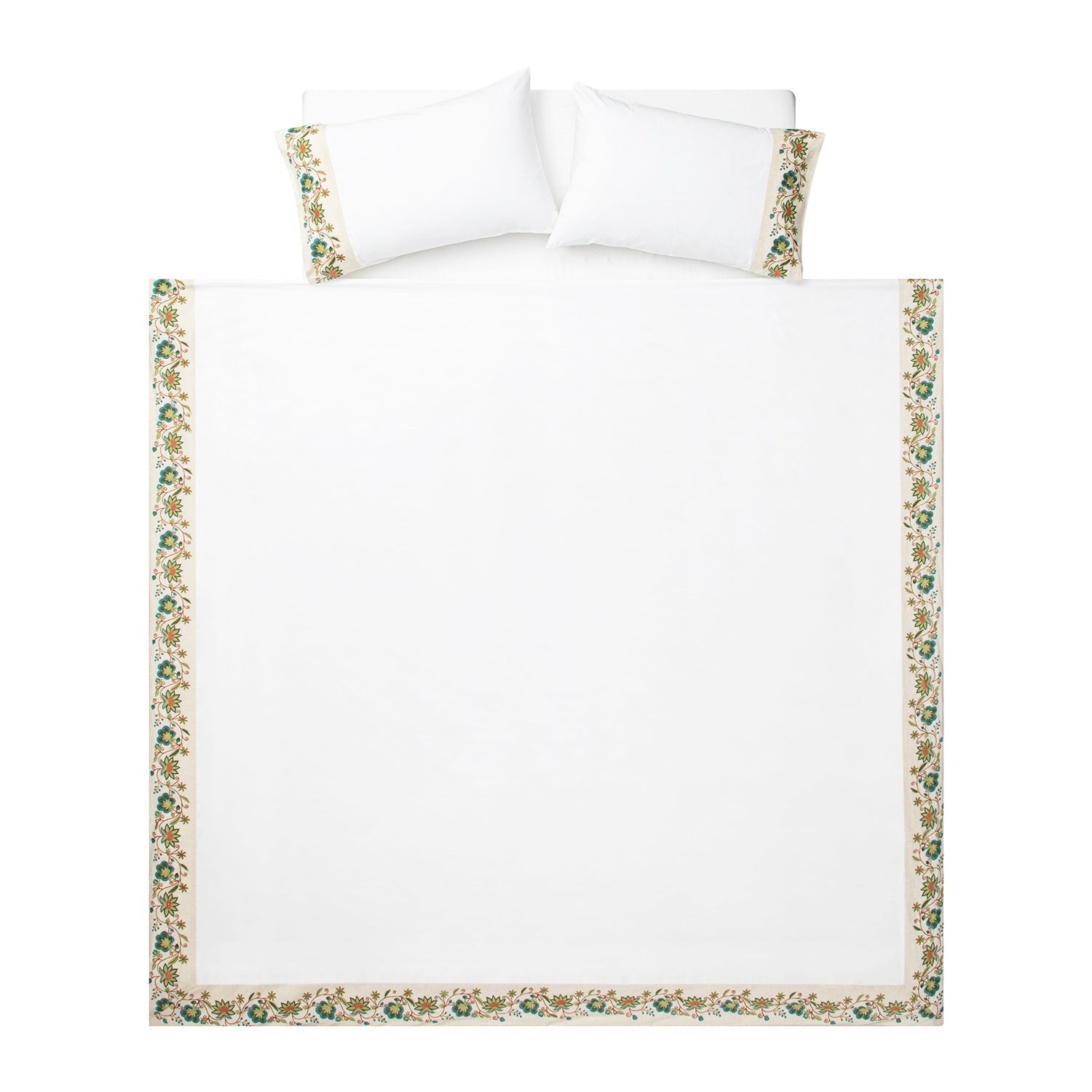 Flora & Fauna White Jacobean Floral Embroidered 300 Thread Count Cotton Percale Duvet Set