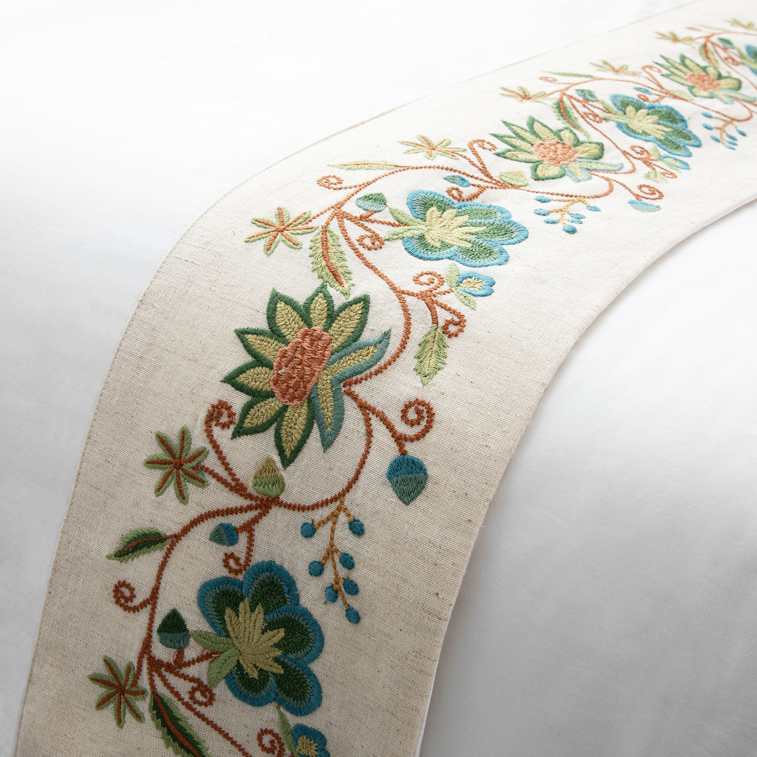 Flora & Fauna White Jacobean Floral Embroidered 300 Thread Count Cotton Percale Duvet Set