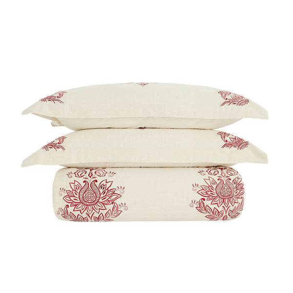 Isadora Garnet Red Damask Embroidered Linen Blend Duvet Set
