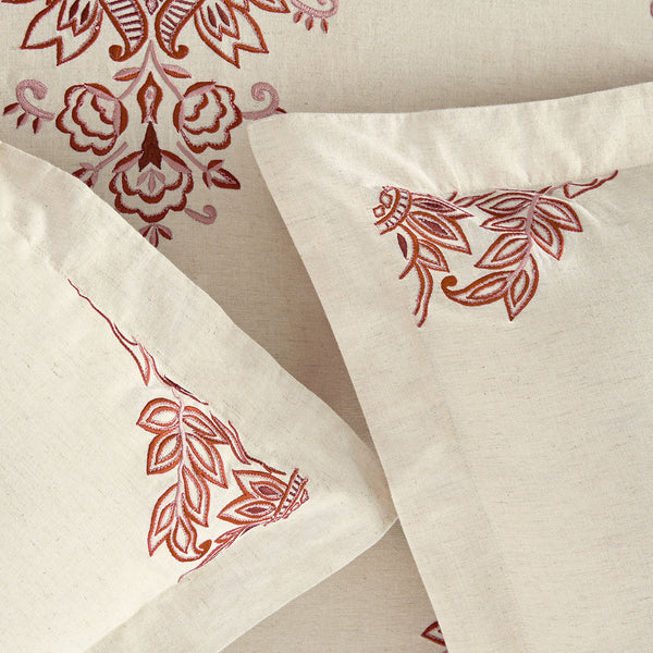 Isadora Garnet Red Damask Embroidered Linen Blend Duvet Set