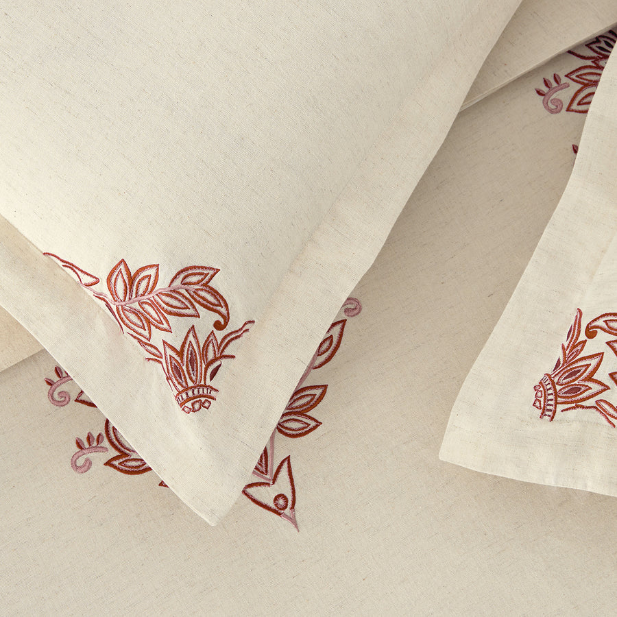 Isadora Garnet Red Damask Embroidered Linen Blend Duvet Set