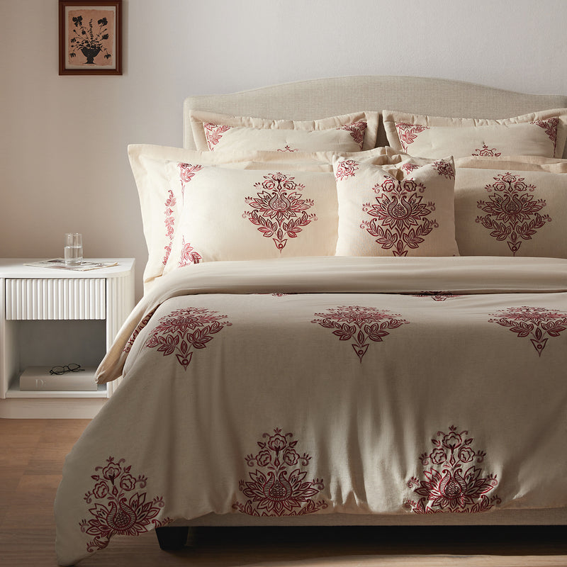 Isadora Garnet Red Damask Embroidered Linen Blend Duvet Set - daals